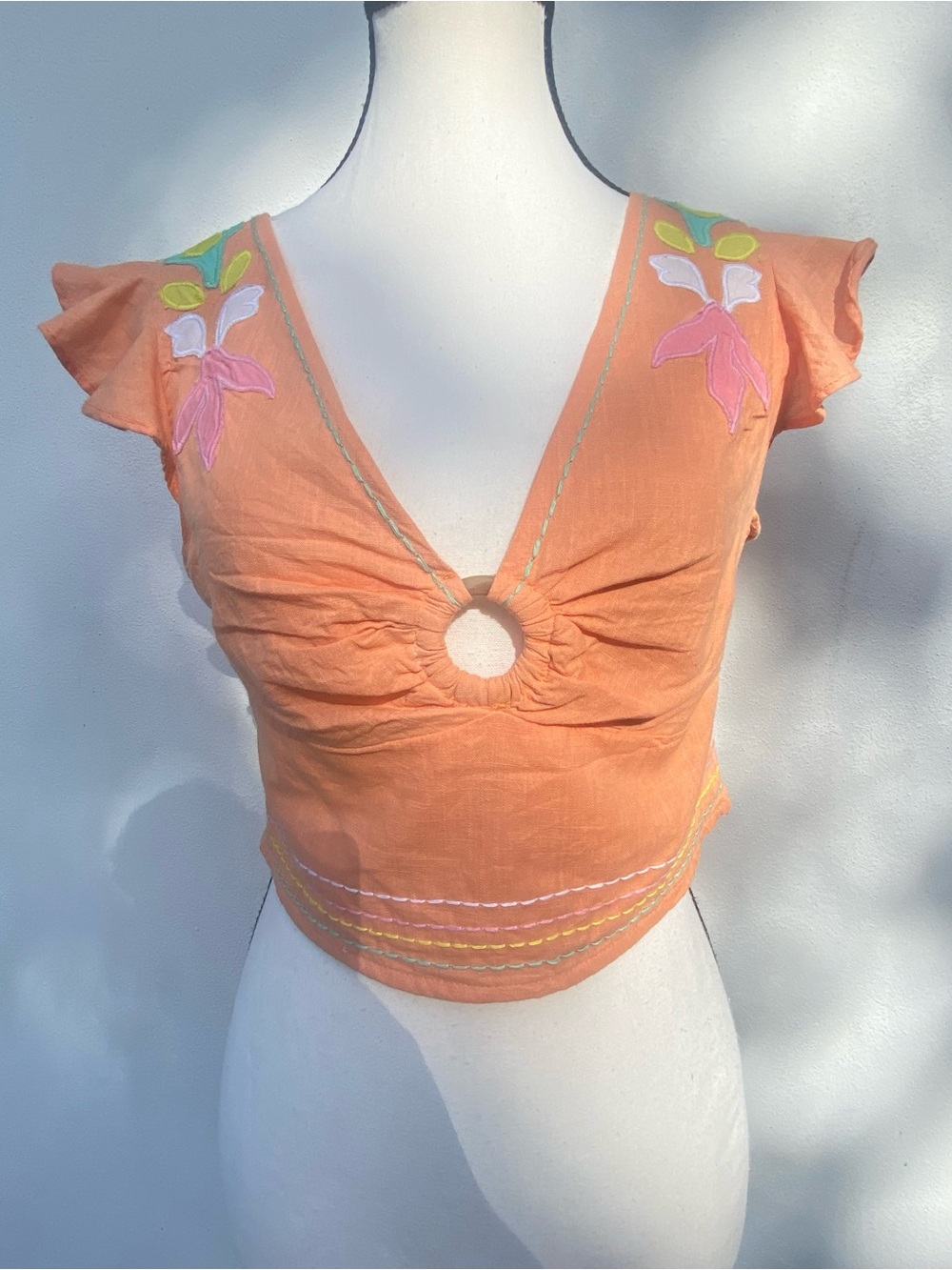Y2K EURO Orange Linen Multicolor Floral Embroidered Crop Top Size Small